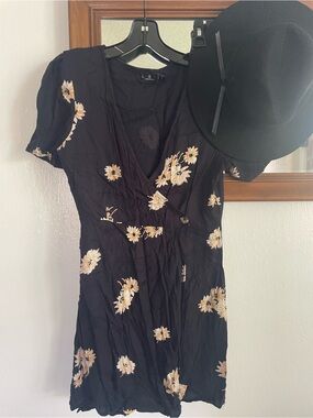 Volcom Black Mini Wrap Dress with Cream Floral Print